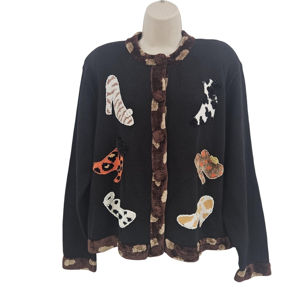 VTG Jack B Quick Cardigan Sweater Women L Animal Print Shoe Applique Novelty